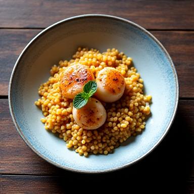 Couscous di mare raffinato servito in ceramica artistica