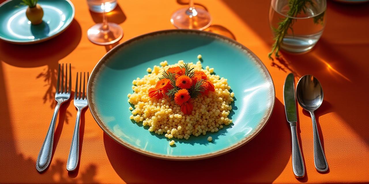 Un tavolo elegantemente apparecchiato con piatti che fondono ingredienti italiani e spezie nordafricane